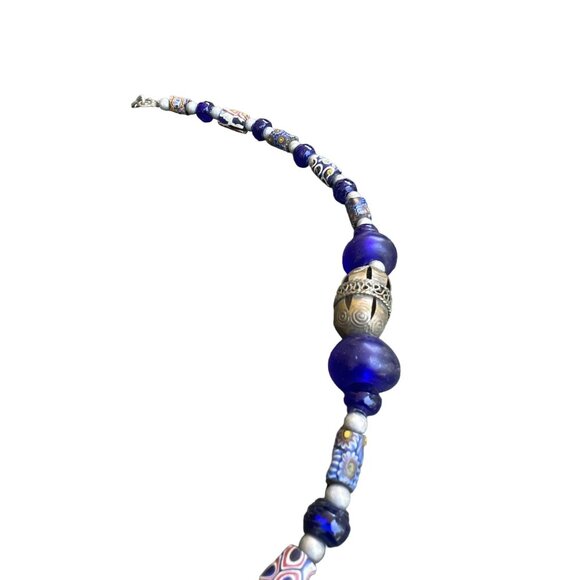 Handmade Blue Beaded Necklace with Silver Pendant Unique Artisan Jewelry Bohemia - Picture 8 of 11